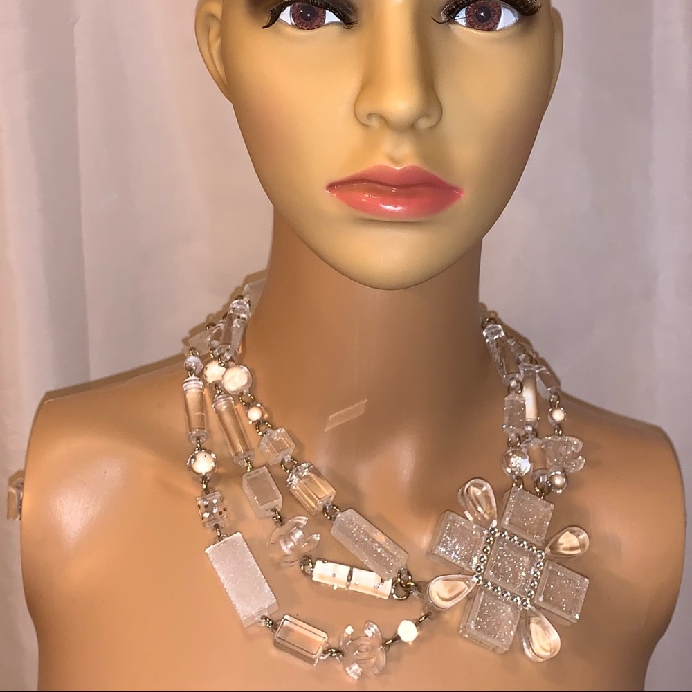 RARE! auth CHANEL triple strand CC logo Italian Resin STATEMENT bib NECKLACE A94
